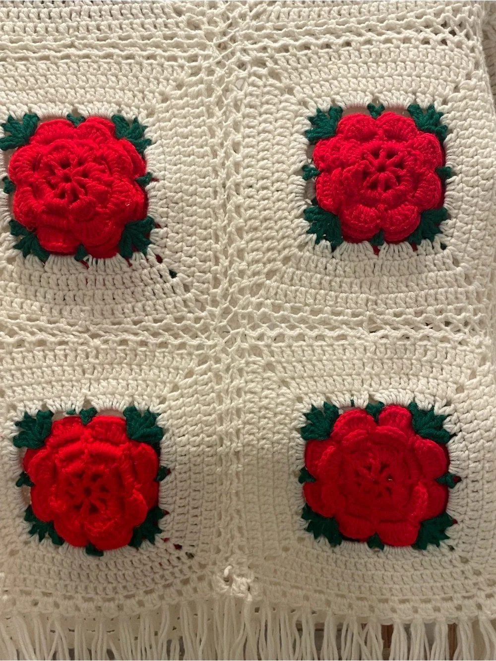 Vintage Granny Square 3D Rose Throw Blanket Afghan Cabbage Rose Christmas